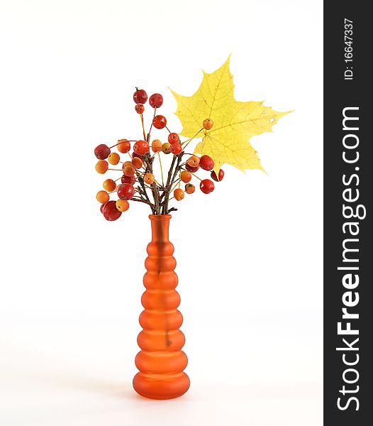 Autumn bouquet of branches with small apples and maple leaves to color a glass vase on a white background