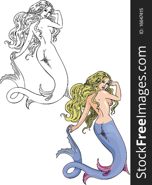 Girl with long tail looked graceful. Vector illustration - color + b/w versions. Girl with long tail looked graceful. Vector illustration - color + b/w versions.