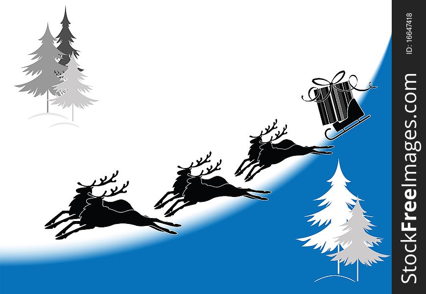 Christmas postcard with the silhouette of the reindeer