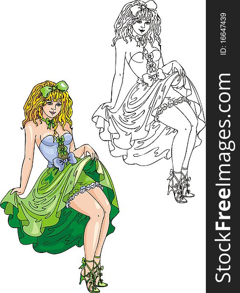 Girl in green looks like queen wood. Vector illustration - color + b/w versions. Girl in green looks like queen wood. Vector illustration - color + b/w versions.