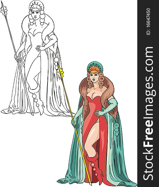 Tsarevna was dressed in fur coat and kept in hand spear. Vector illustration - color + b/w versions. Tsarevna was dressed in fur coat and kept in hand spear. Vector illustration - color + b/w versions.