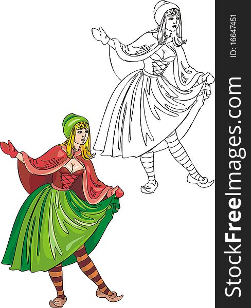 Girl graceful lean over before tsarevna. Vector illustration - color + b/w versions. Girl graceful lean over before tsarevna. Vector illustration - color + b/w versions.