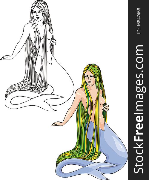 From water break through mermaid. Vector illustration - color + b/w versions. From water break through mermaid. Vector illustration - color + b/w versions.