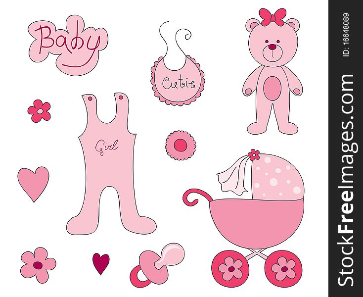 Newborn elements for girl, isolated, hand drawn