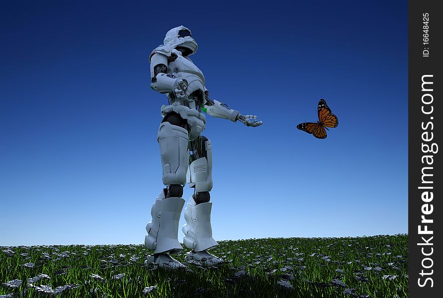 Robot and butterflie against the sky. Robot and butterflie against the sky