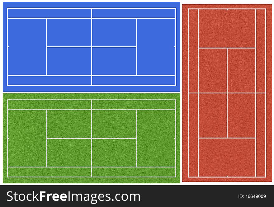 Three different tennis courts with different surfaces.