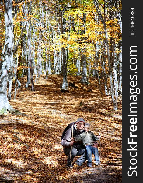 Father and son in forest