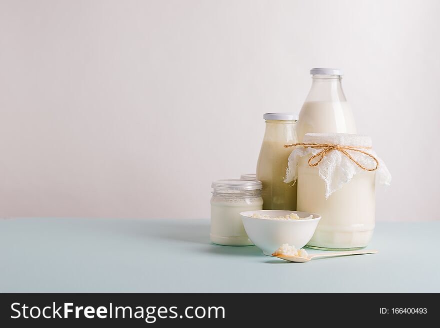 Fermented Dairy Products. Milk Mushroom. Organic Probiotic Fermented Milk Products In Glass Bottles. Healthy Diet Food.