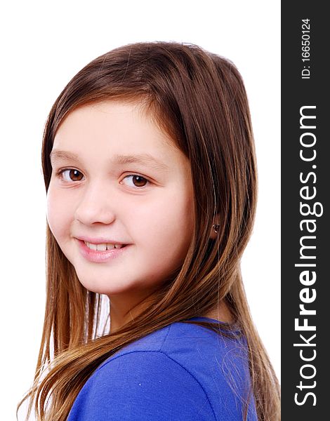 Cute little girl with long hair posing on white background. Cute little girl with long hair posing on white background