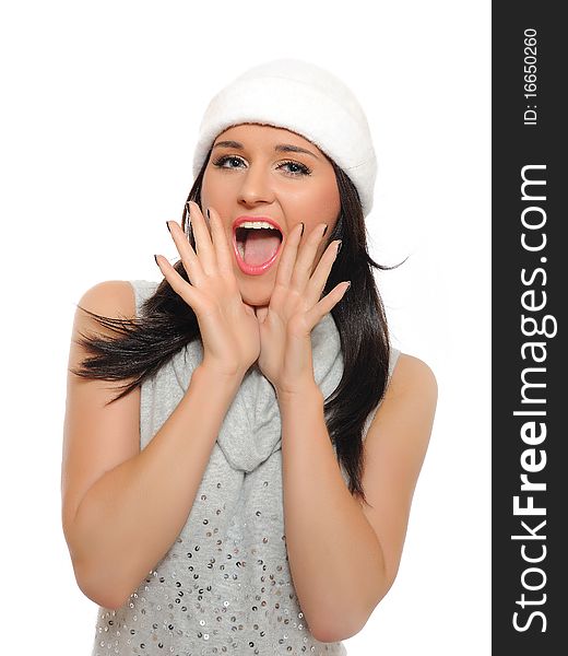 Expressions. Beautiful winter woman in a hat screaming. isolated on white background. Expressions. Beautiful winter woman in a hat screaming. isolated on white background