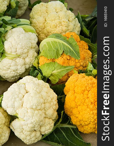 White and organge cauliflower on display at a farmer's market. White and organge cauliflower on display at a farmer's market