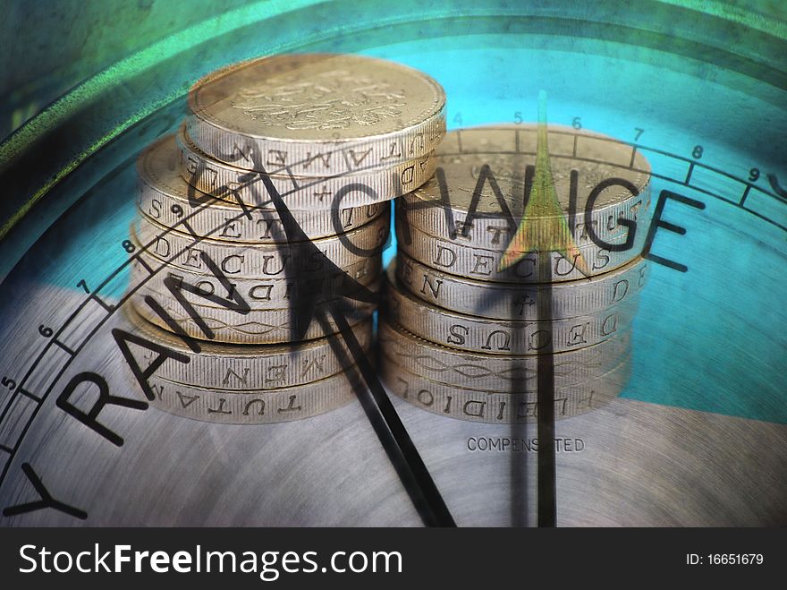 Stack of UK coins overlaid with barometer clock face. Stack of UK coins overlaid with barometer clock face