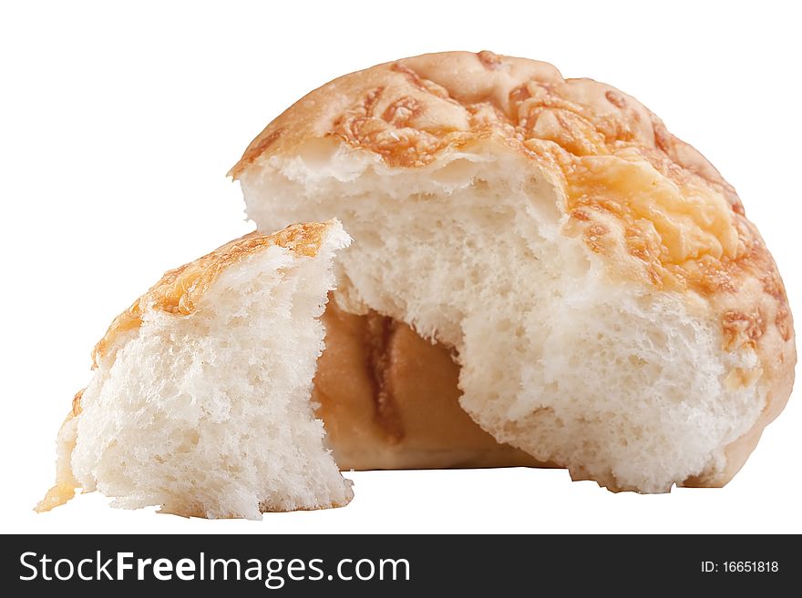 Rich white bread topped with cheese on a white background.