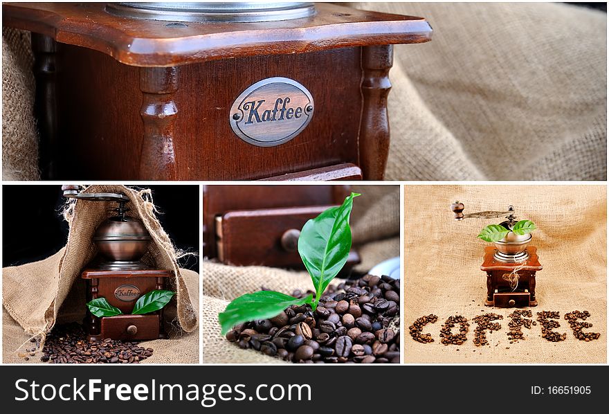 Collage vintage coffee grinder, sign coffe from coffee granules and coffee plant. Collage vintage coffee grinder, sign coffe from coffee granules and coffee plant