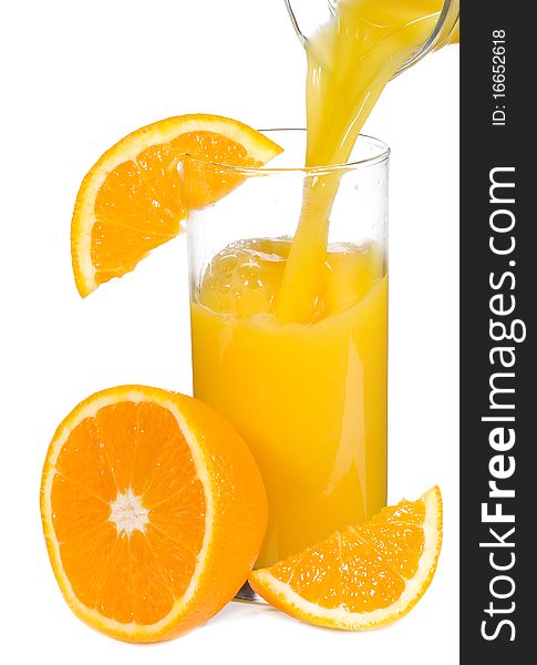 Orange juice with slice of orange on white background