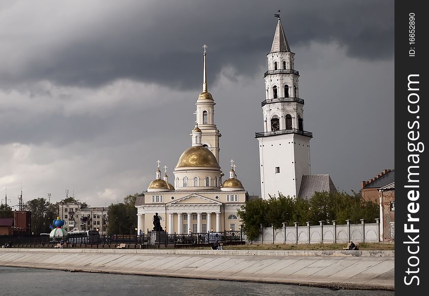 Demidov's inclined Tower and Spaso-Preobrazhenskiy cathedral. The city of Nevjansk. Sverdlovsk area.