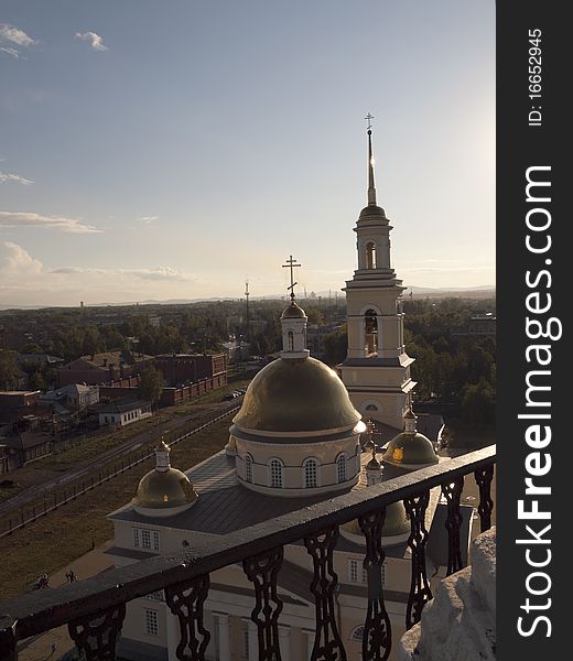 Spaso-Preobrazhenskiy cathedral. A type from Demidov's Inclined Tower. A decline. The city of Nevjansk. Sverdlovsk area.