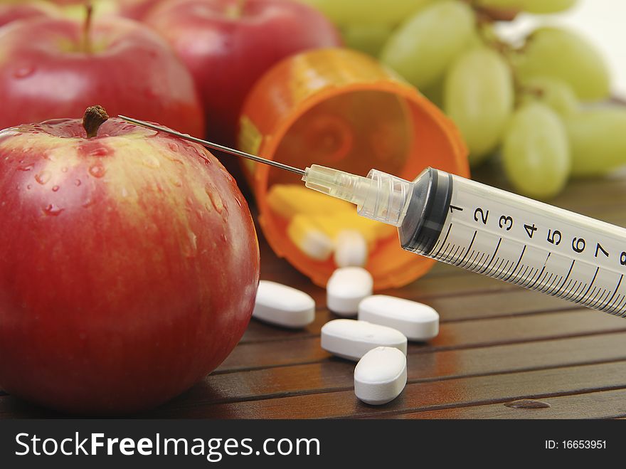 Close up of fruit and health care related objects. Close up of fruit and health care related objects.