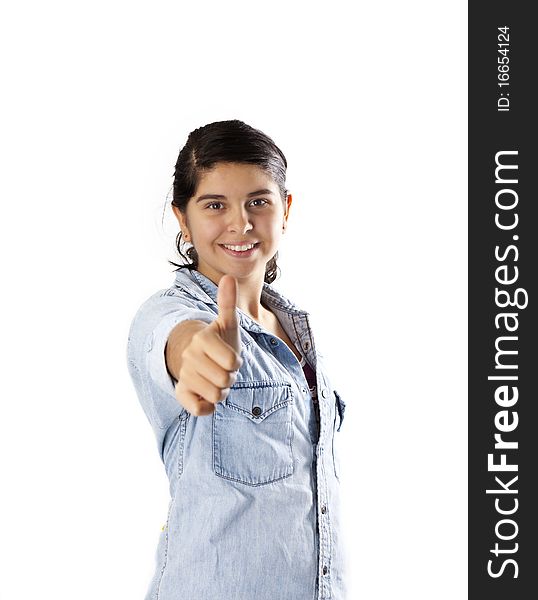 Isolated portrait of teenage girl gesturing thumbs up. Isolated portrait of teenage girl gesturing thumbs up