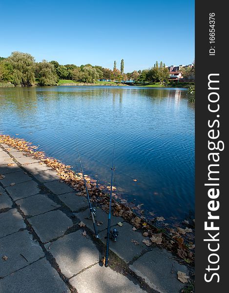 Fishing rod on the lake side