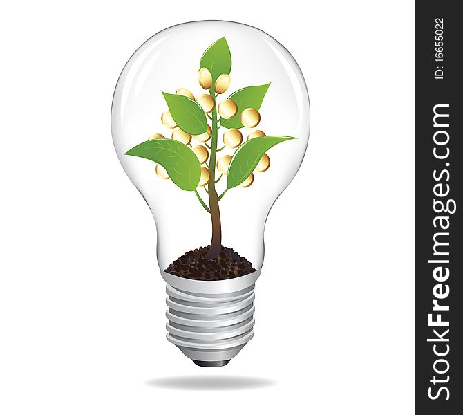 Bulb With Sprout And Coins. Vector