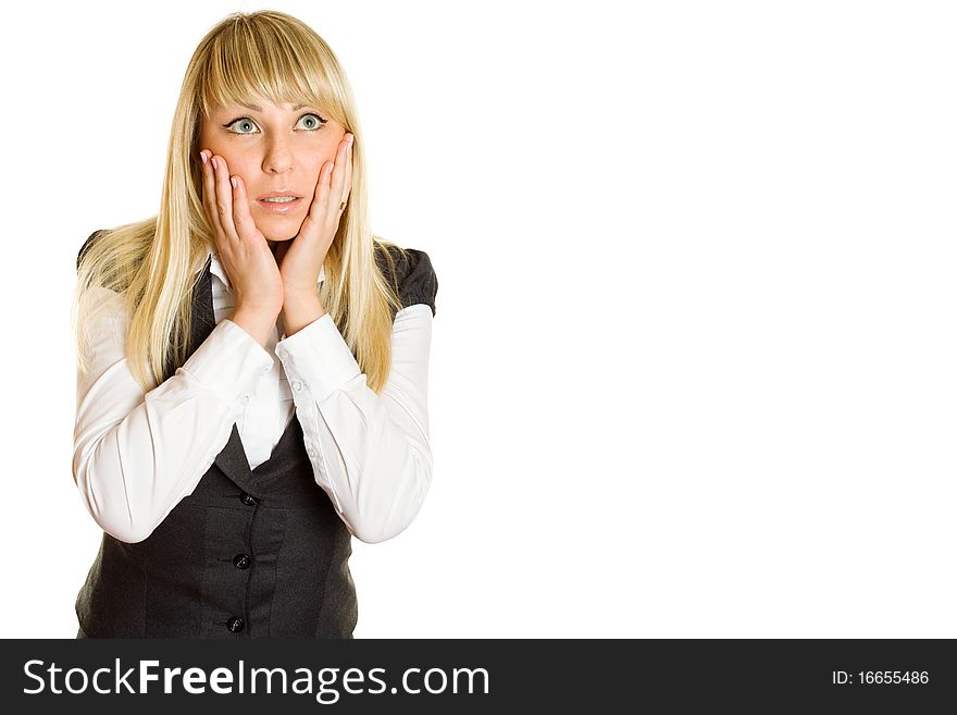 Beautiful young professional business woman expressed surprise, her hands lying on her face. Isolated on a white background