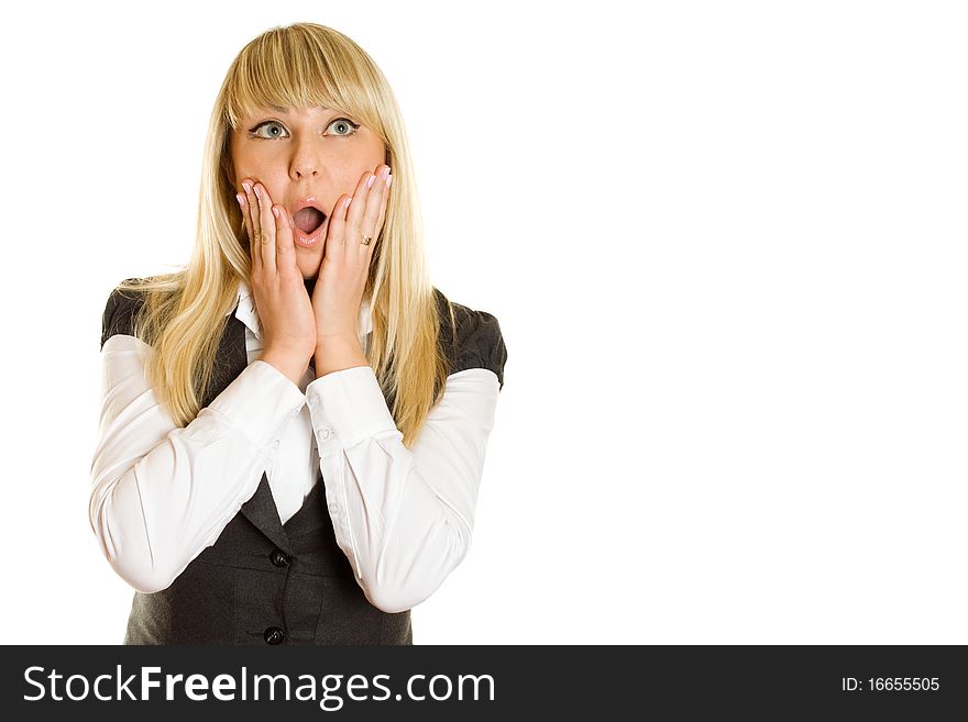 Beautiful young professional business woman expressed surprise, her hands lying on her face. Isolated on a white background