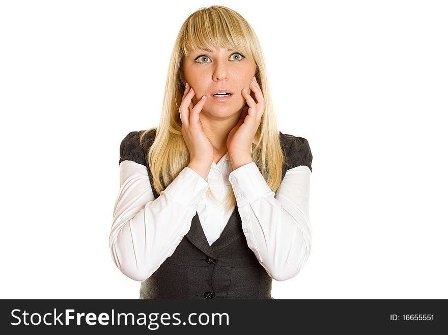 Beautiful young professional business woman expressed surprise, her hands lying on her face. Isolated on a white background