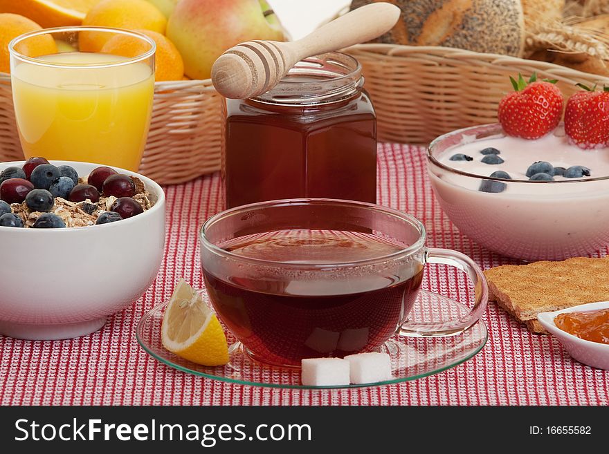 Breakfast, table with large sortiment of food for starts the day healthy