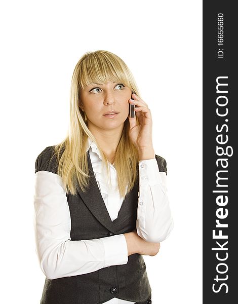 Close-up of young business woman talking on the phone. Lots of copyspace and room for text on this isolate. Close-up of young business woman talking on the phone. Lots of copyspace and room for text on this isolate