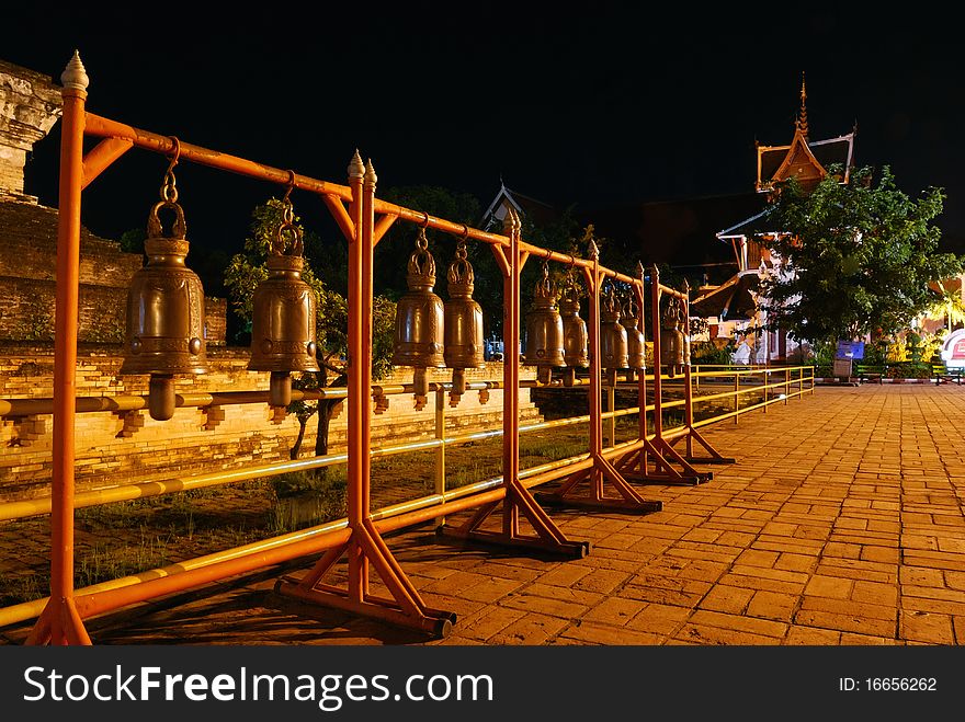 Bells scattered around the pagoda, Wat Chedi Luang. In Chiang Mai Province, Thailand