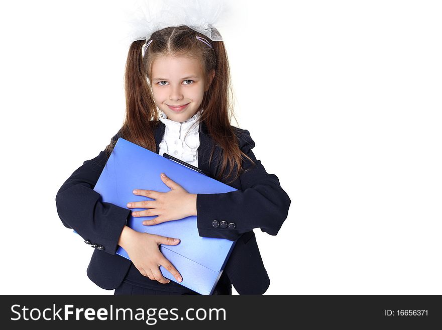 Schoolgirl with briefcase isolated on white