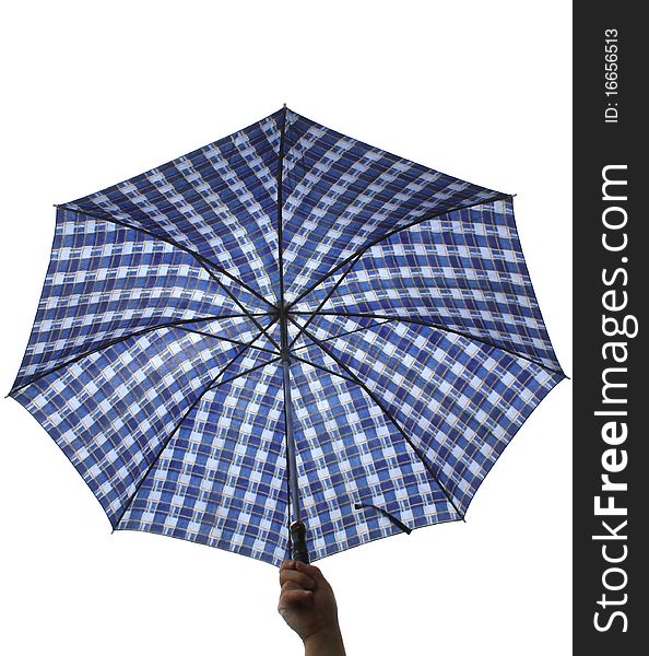 A hand holding an umbrella in the air. Isolated on white background. A hand holding an umbrella in the air. Isolated on white background.