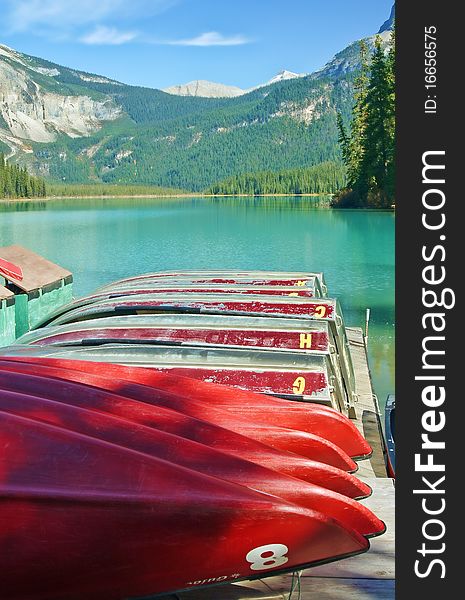 Emerald Lake as seen from the boat canoe dock. Yoho National Park, British Columbia, Canada. Emerald Lake as seen from the boat canoe dock. Yoho National Park, British Columbia, Canada