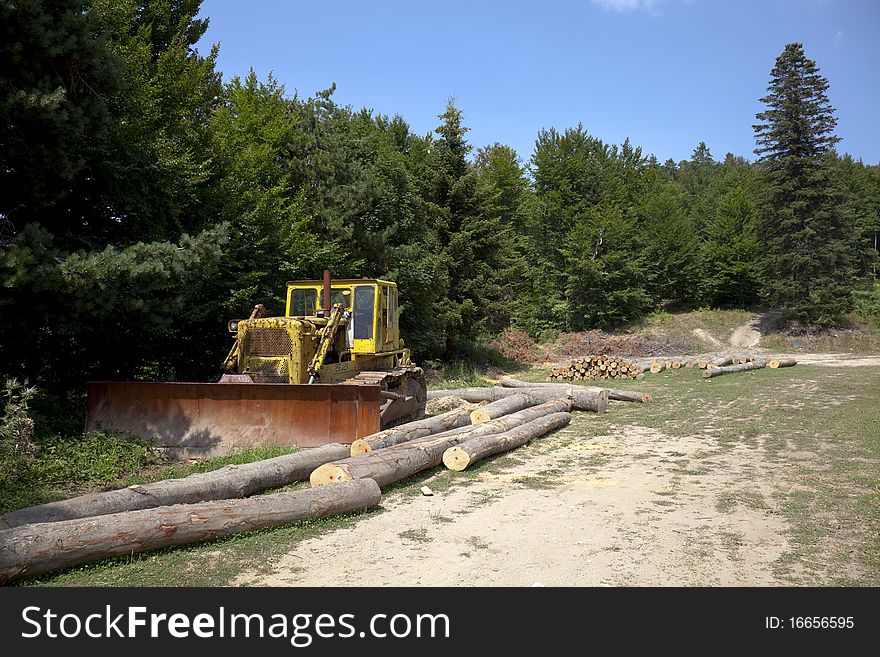 Earthmoving machinery in the woods between tree trunks. Earthmoving machinery in the woods between tree trunks