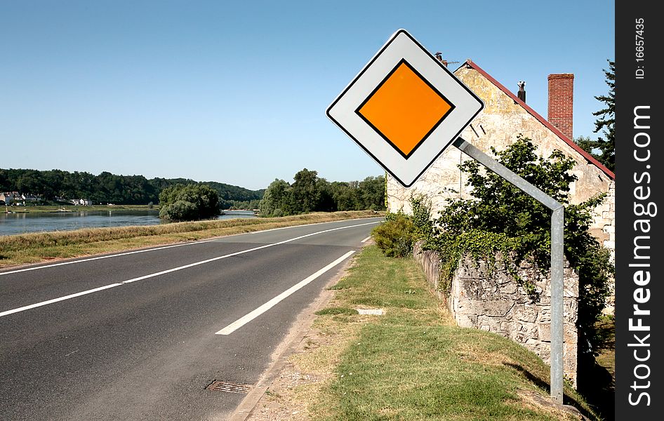 Traffic sign thoroughfare on contry road along Loire river. Traffic sign thoroughfare on contry road along Loire river