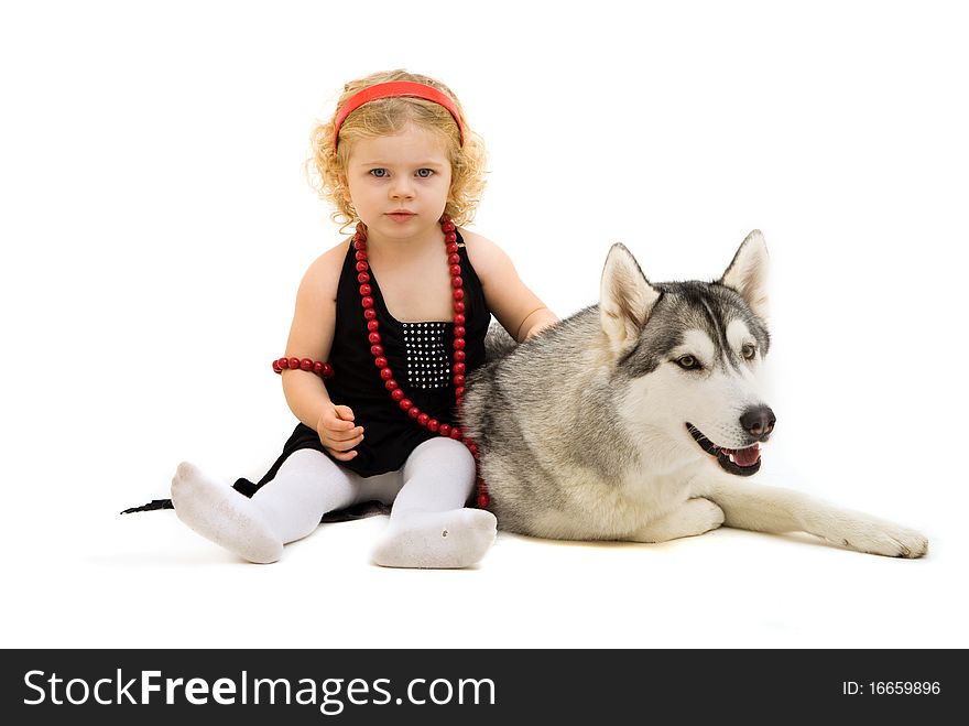 Child playing with dog isolated on white