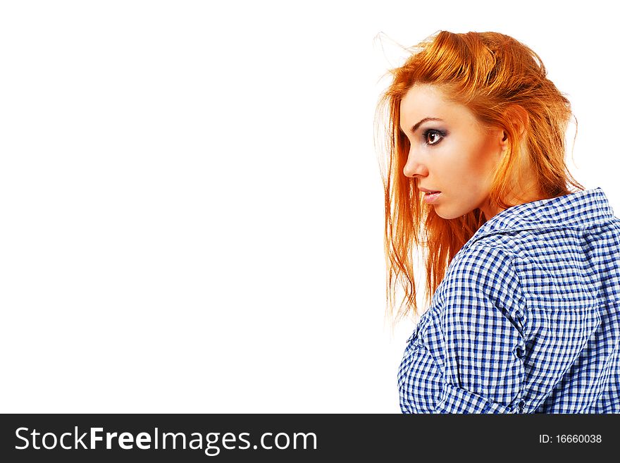 Picture of a beautiful young girl in shirt on white background