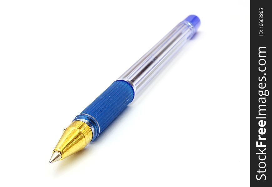 The dark blue ball pen lies on a white background