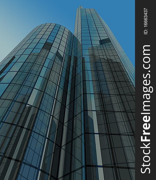 Skyscraper with tinted windows on the background of a cloudless sky. Skyscraper with tinted windows on the background of a cloudless sky