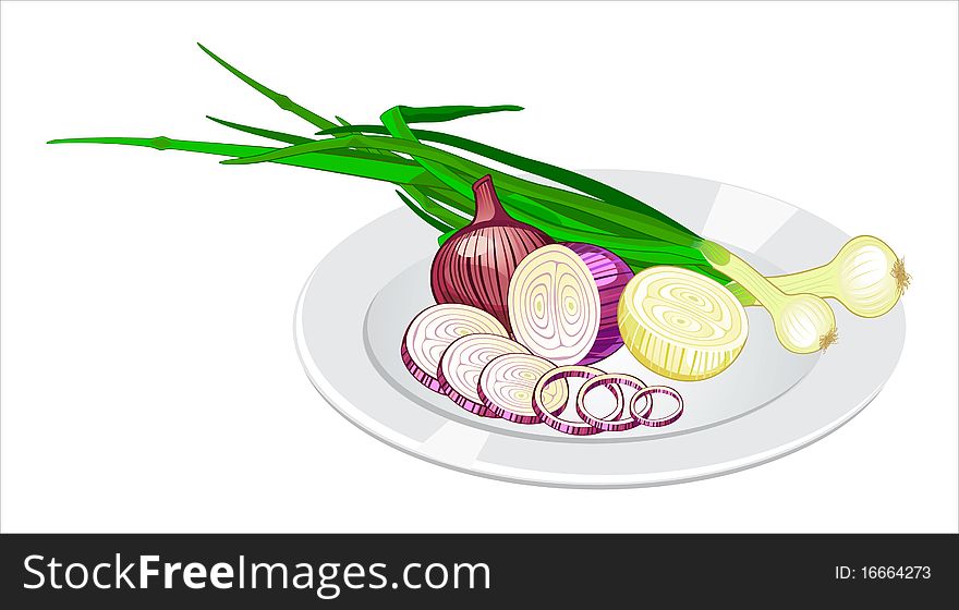 Cloves of onion, sliced and green onion on the plate