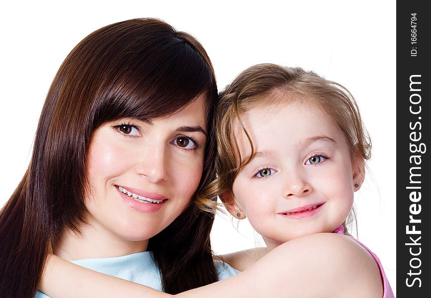 Close-up portrait of happy family of beautiful mother with daughter - white background. Close-up portrait of happy family of beautiful mother with daughter - white background