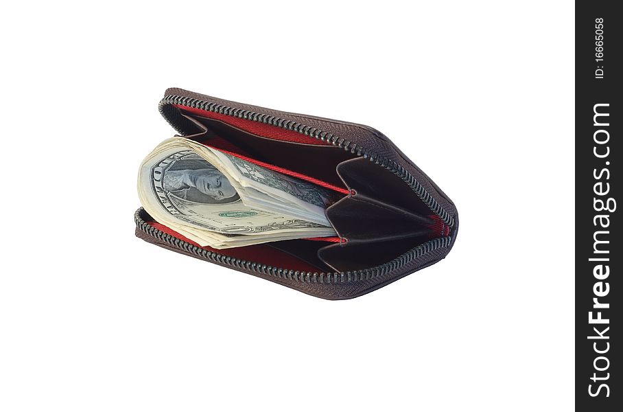 One dollar bank notes inside modern purse. Isolated on white with clipping path. One dollar bank notes inside modern purse. Isolated on white with clipping path