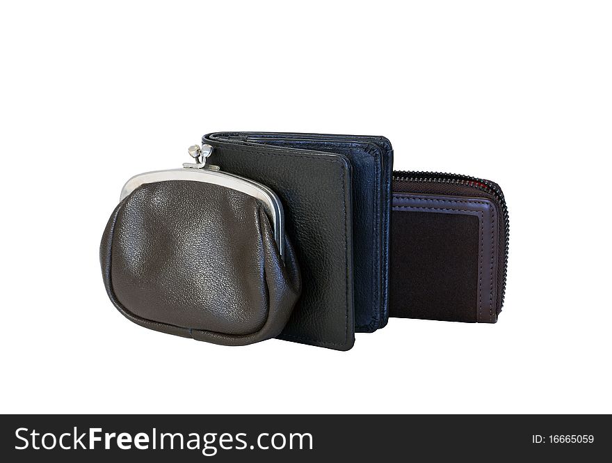 Three purses standing on white background. Isolated with clipping path