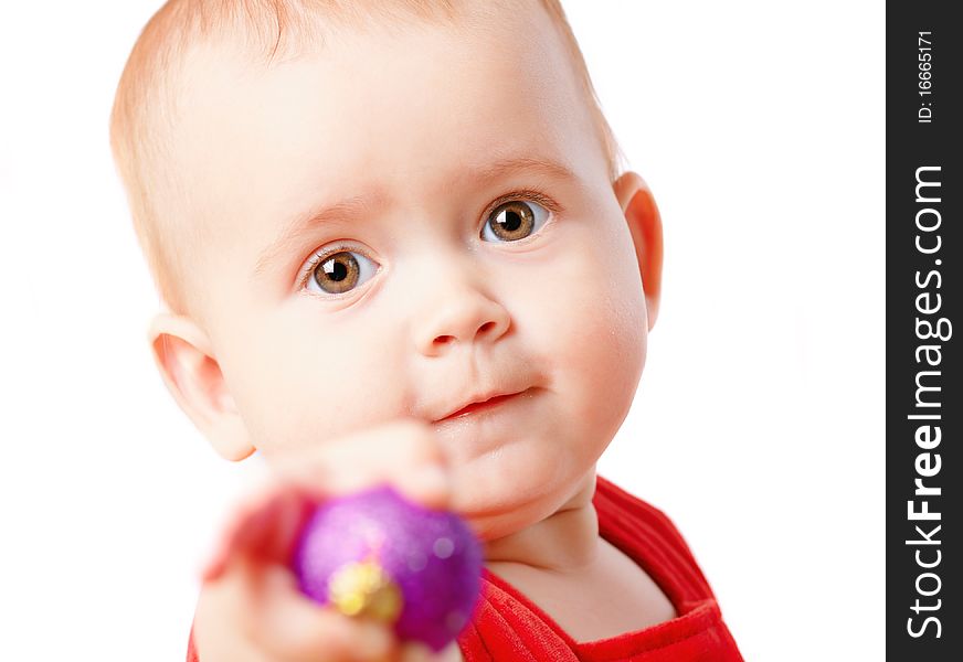 Little girl in red dress on white background