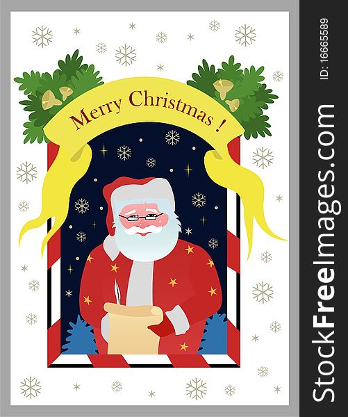 Beautiful Christmas card with Santa Claus, snow and wishes Merry Christmas