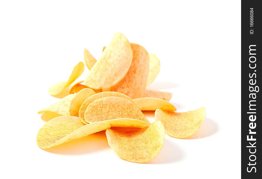 Potato chips on white background