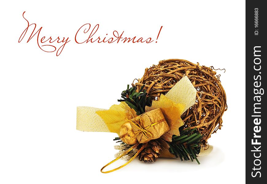 Golden Christmas ball made of willow on the white background