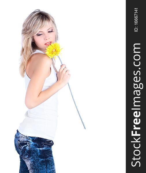 Young girl over white background with flower. Young girl over white background with flower