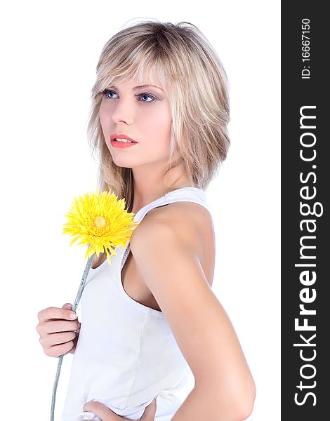 Young girl over white background with flower. Young girl over white background with flower